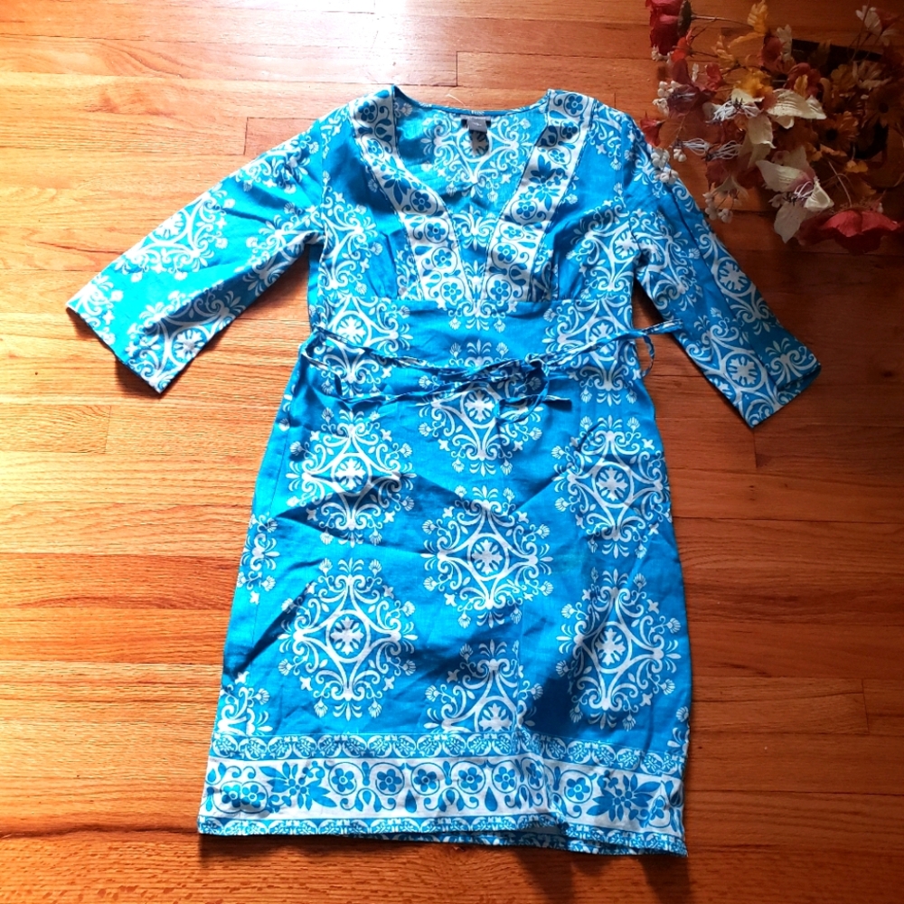 Ann Taylor Small Dress Linen Cotton 3/4 Sleeve Blue Vacation Resort Kimono Style